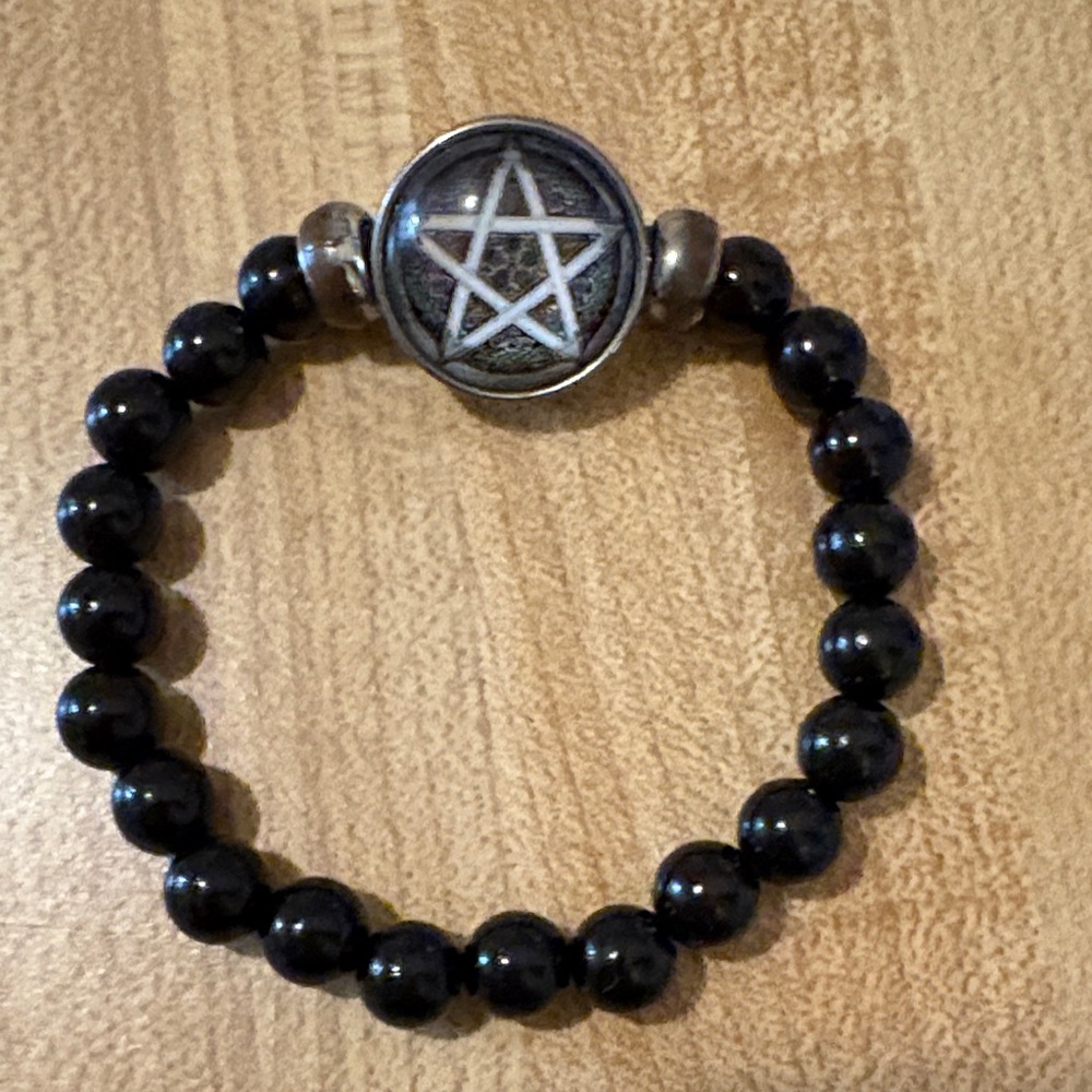 Stretchy Black Beaded Bracelet with Silver Pentagram Charm